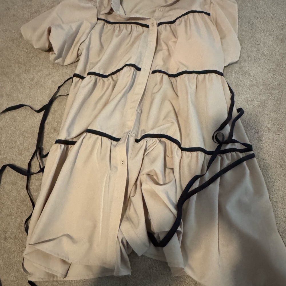 Beige Button-Up Dress with Black Accents